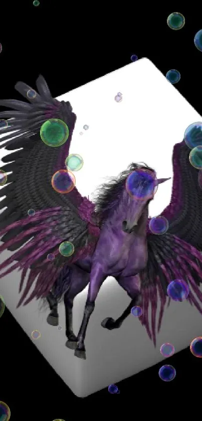 Majestic purple Pegasus with black wings on a white cube against a black background.