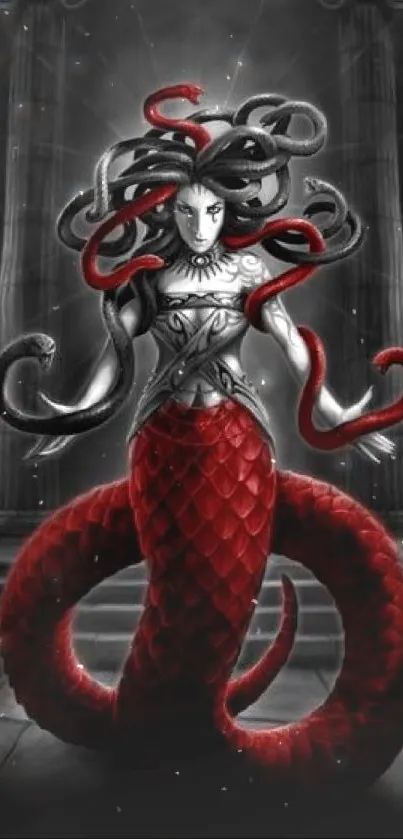 Mythical serpent woman with red scales and snake hair on a dark background.