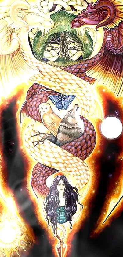 Mythical serpents intertwined in celestial galaxy artwork.