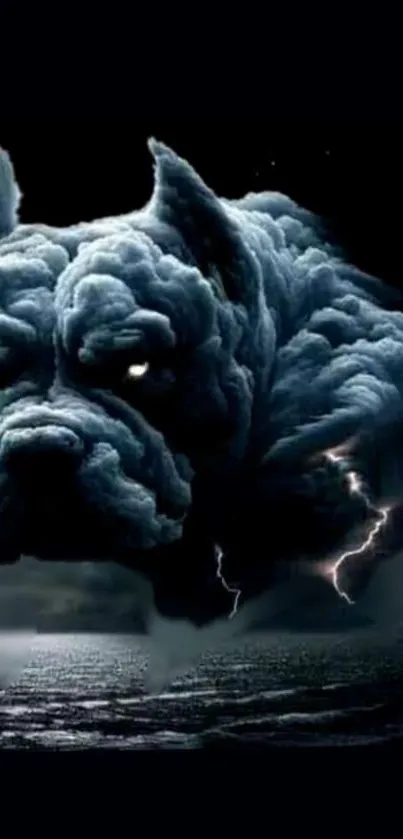 Fantasy storm dog made of clouds and lightning over the sea.