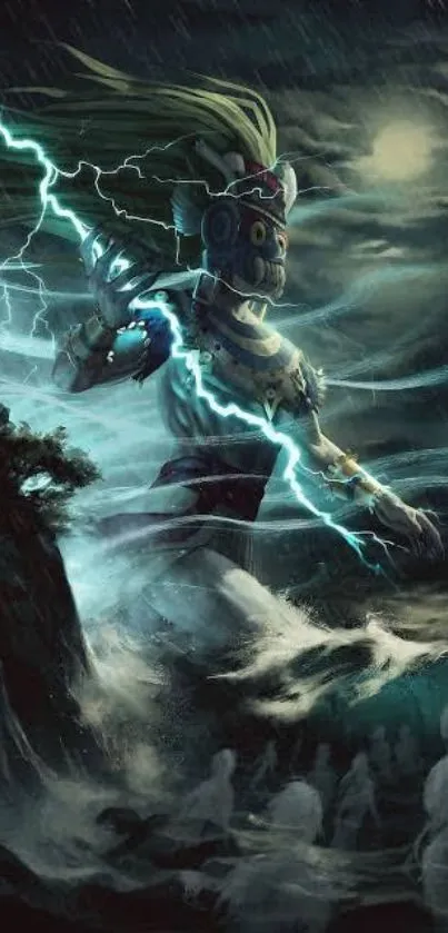 Mythical warrior with lightning in a stormy scene.