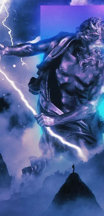 Mythical figure with lightning in dynamic blue sky.