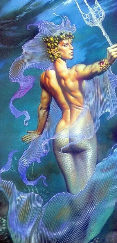 Mythical triton holding trident in vibrant undersea setting.