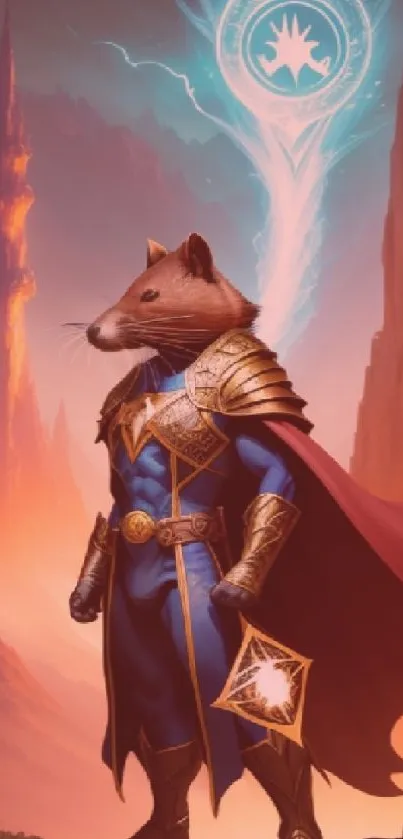 Warrior hamster in fantasy realm with fiery backdrop.