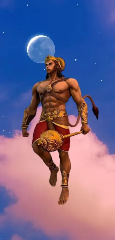 Mythical warrior in the sky with clouds and moon.