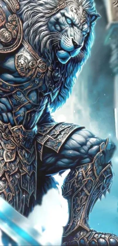 Mythical lion warrior in armor with epic blue tones.