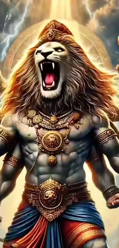 Warrior lion god with multiple arms in a divine setting.