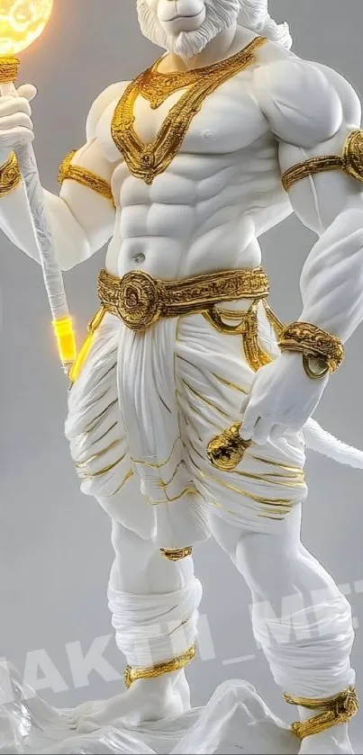 Mythical warrior sculpture with golden details on a white background.