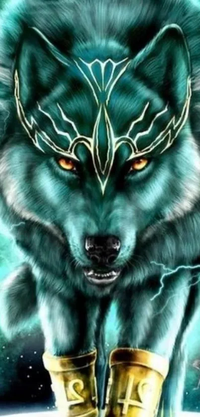 Mythical wolf in a cosmic galaxy background.