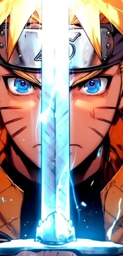 Naruto holding a glowing sword, intense expression, vibrant orange tones.