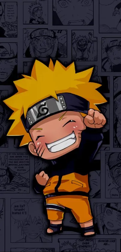 Naruto in orange outfit surrounded by manga panels.