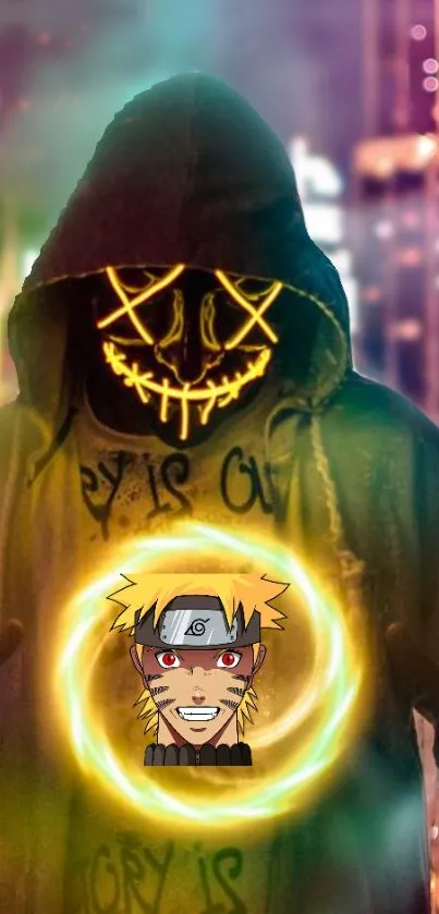 Hooded figure with neon mask and Naruto emblem glowing on a city nightscape.