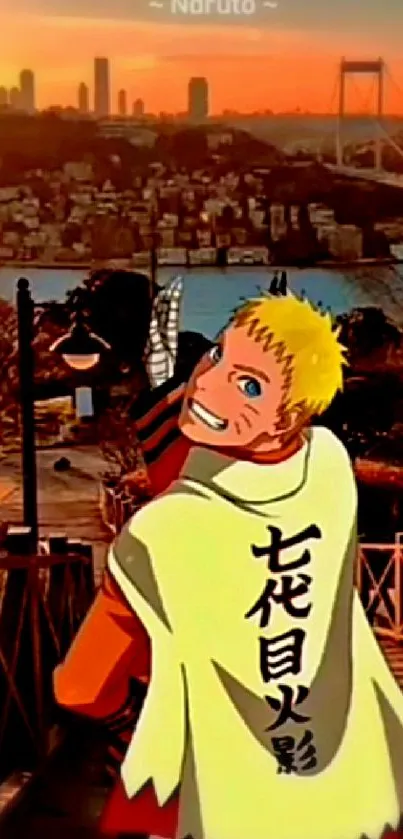 Naruto character with sunset city skyline and bridge in the background.