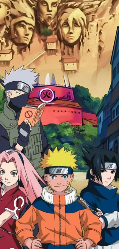 Naruto anime team in village background wallpaper.