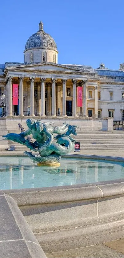 National Gallery and fountain in Trafalgar Square.