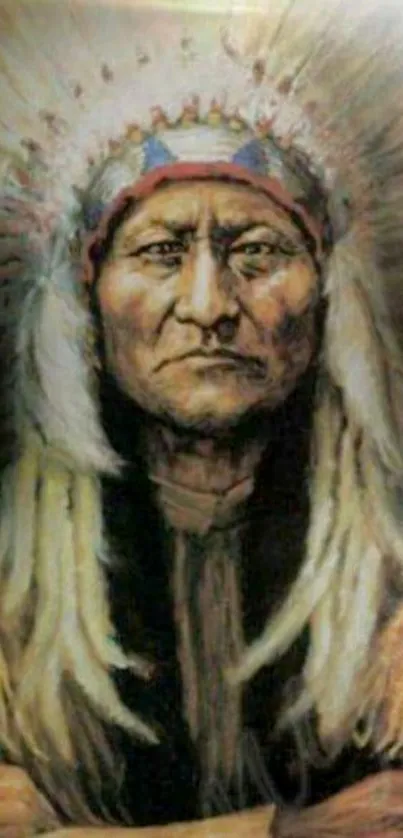 Native American chief artwork on mobile wallpaper.