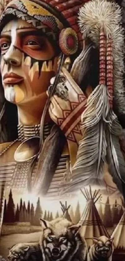 Native American chief with headdress and tribal art mobile wallpaper.