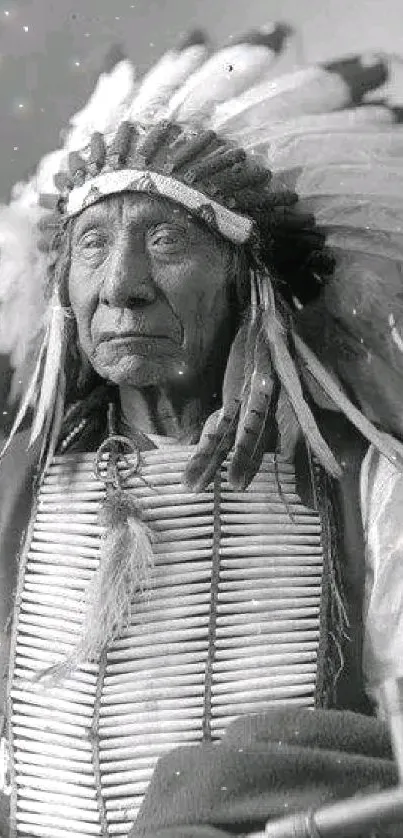 Vintage portrait with traditional feather headdress.