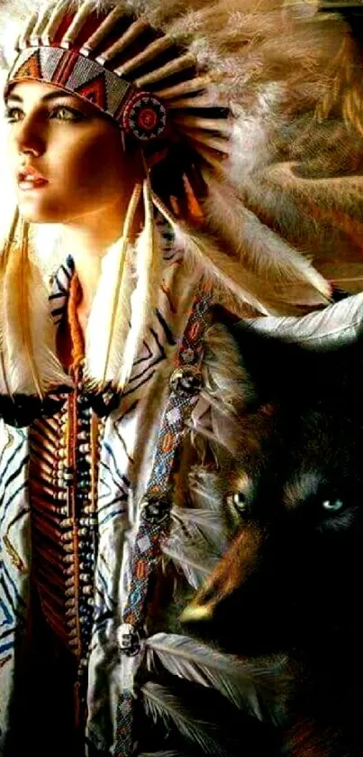 Native American with headdress and wolf art