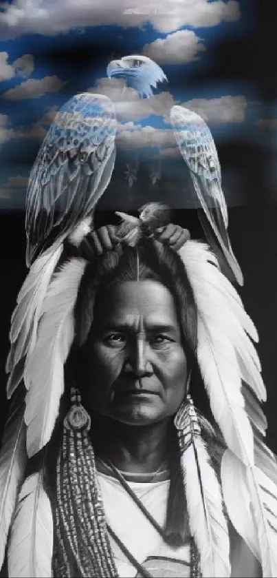 Native American figure with eagle and clouds in monochrome art style.