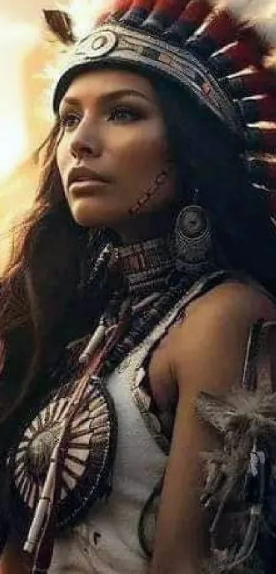 Native American woman in warrior headdress, mobile wallpaper.