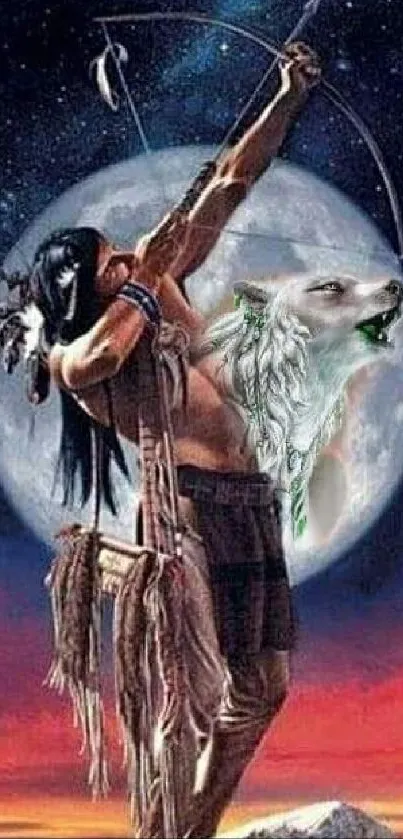 Mystical archer under full moon with wolf spirit design.