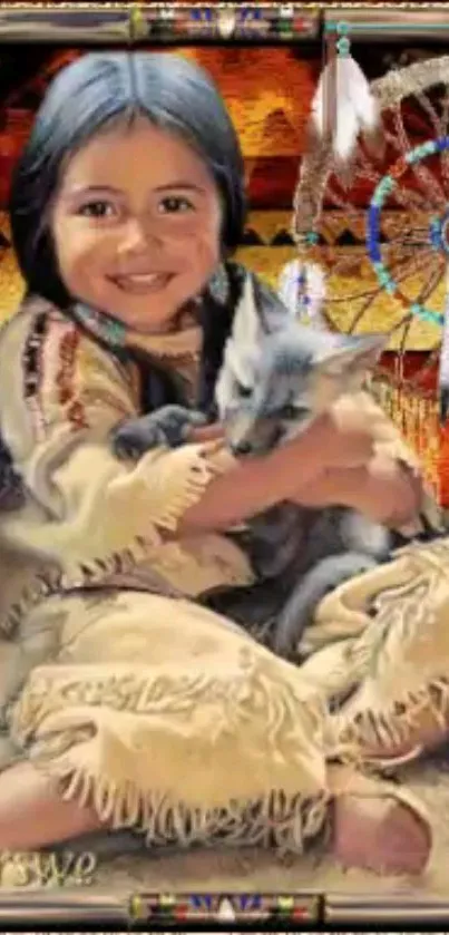 Child with fox in traditional attire against tribal background.