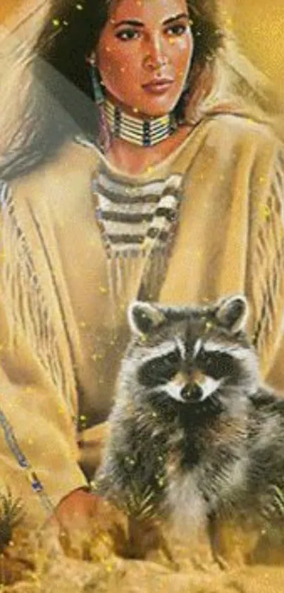 Native American art wallpaper with woman and raccoon.