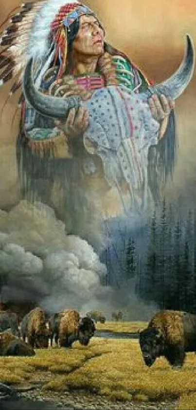 Native figure with bison in nature scene.