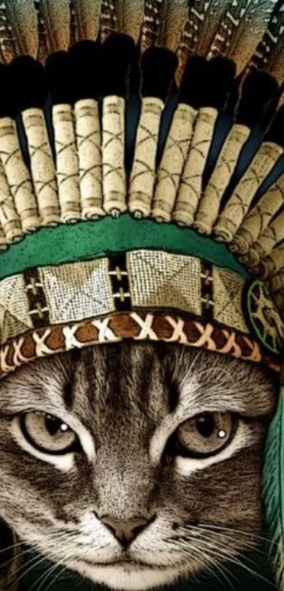 Artistic cat with a decorative feather headdress on a dark background.