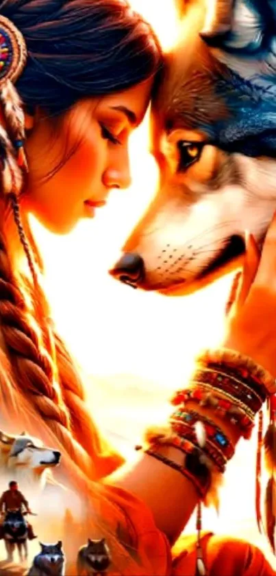 Native woman and wolf in harmony