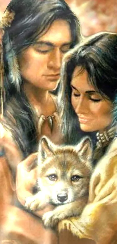 Artistic depiction of Native couple with wolf pup.