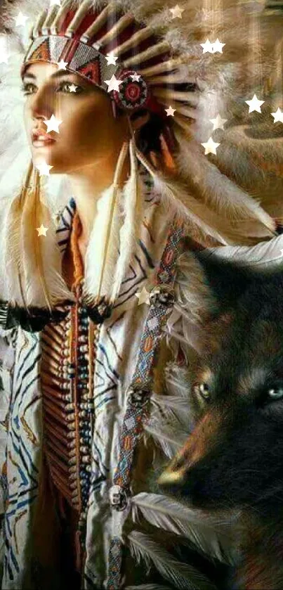 Native American headdress with wolf wallpaper.