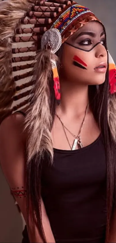 Woman wearing detailed native headdress on phone wallpaper.