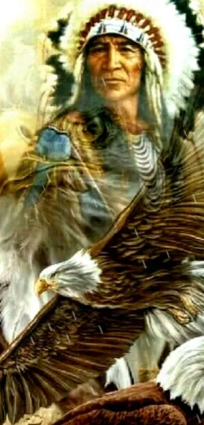 Native American with eagles in symbolic art wallpaper.