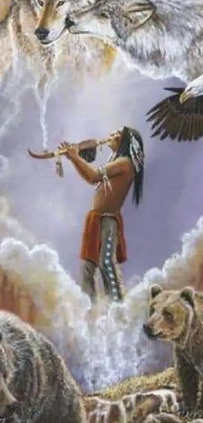 Native American art with spirit animals surrounding a flute player.