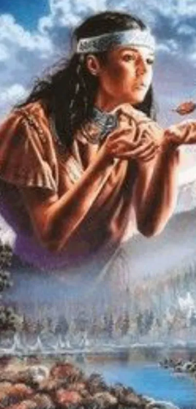 A mystical Native American figure in an artistic, serene landscape.