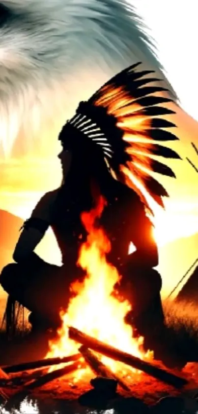 Native American warrior by fire at sunset with an eagle spirit overhead.