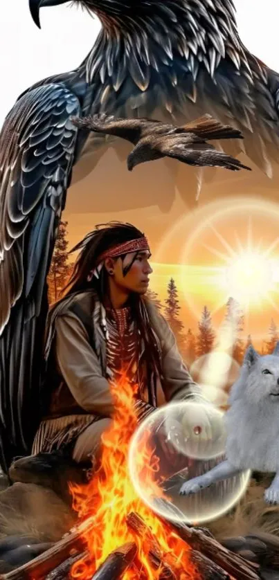 Native themed wallpaper with eagle, wolf, and campfire scene.