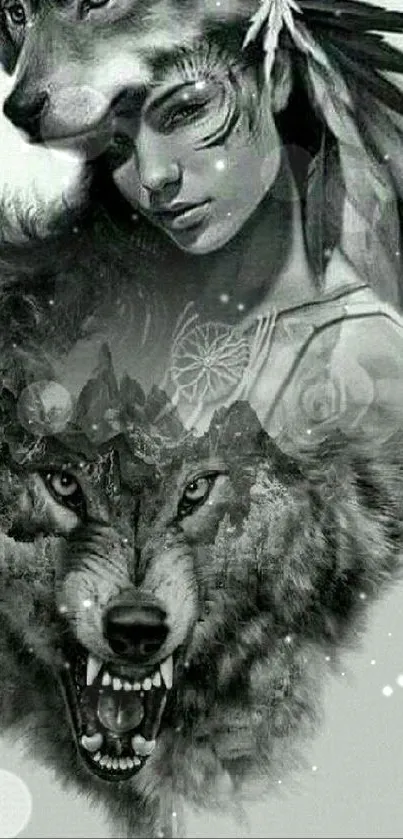 Native-inspired wolf and woman illustration with grayscale tones.