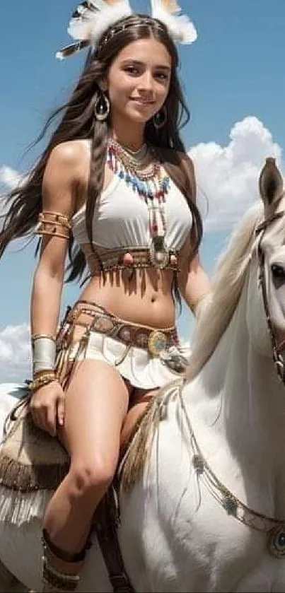 Native-inspired woman on a white horse under clear skies.