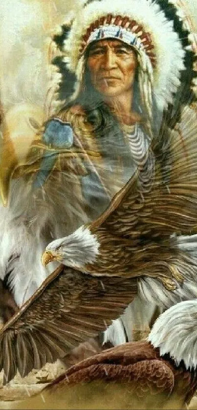 Native warrior with eagles in a symbolic artistic wallpaper.