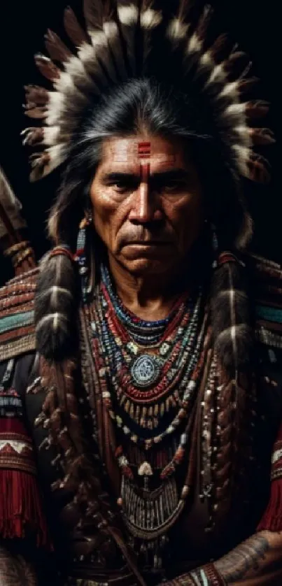 Detailed Native warrior with tribal attire and headdress on dark background.