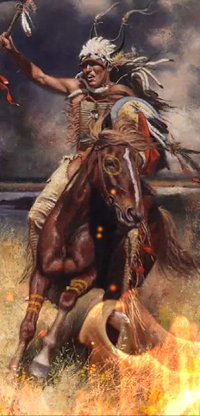 Native warrior on horseback in a vibrant landscape with dramatic skies.