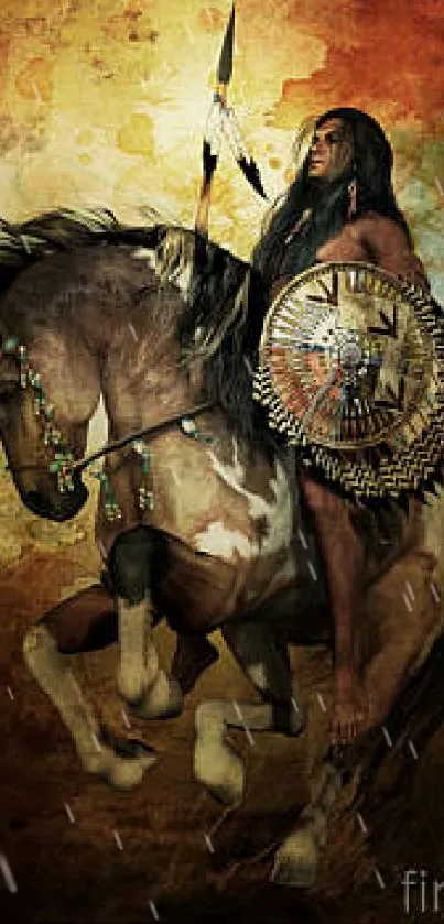 Native warrior on horseback with earth-toned background.