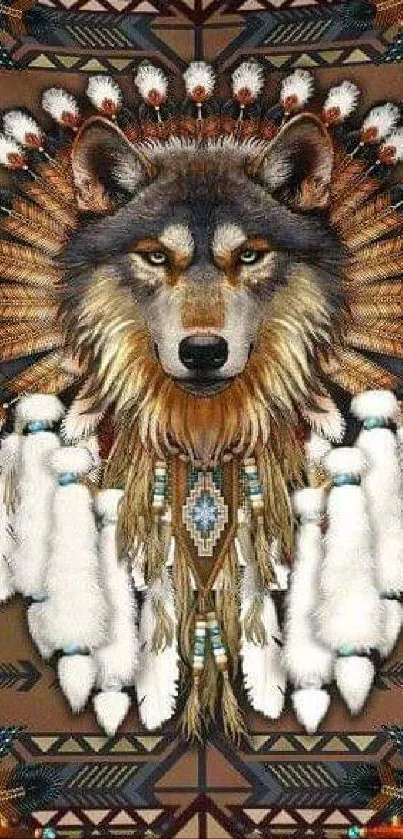 Native American-inspired wolf with feathers and tribal design.