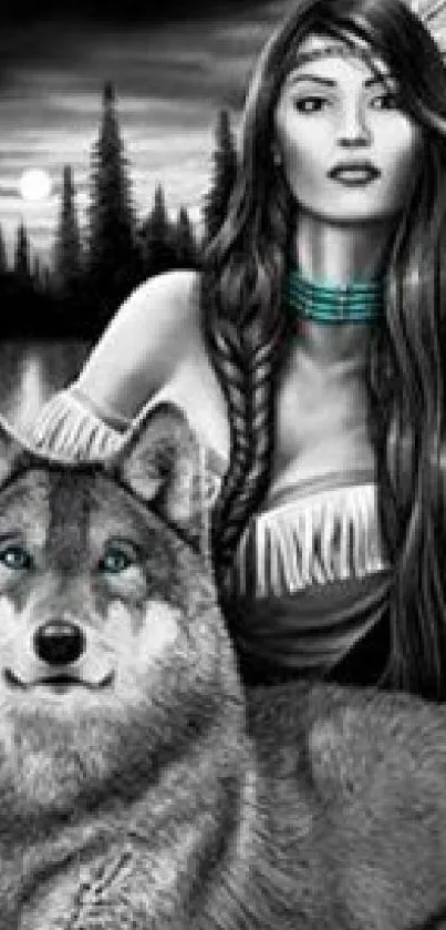 Black and white art of a native woman and wolf in a forest.