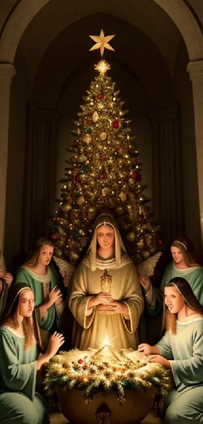 Festive nativity scene with a glowing Christmas tree and angels.