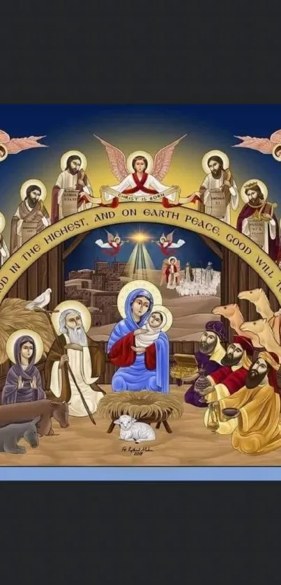 Nativity icon wallpaper with angels and holy figures.