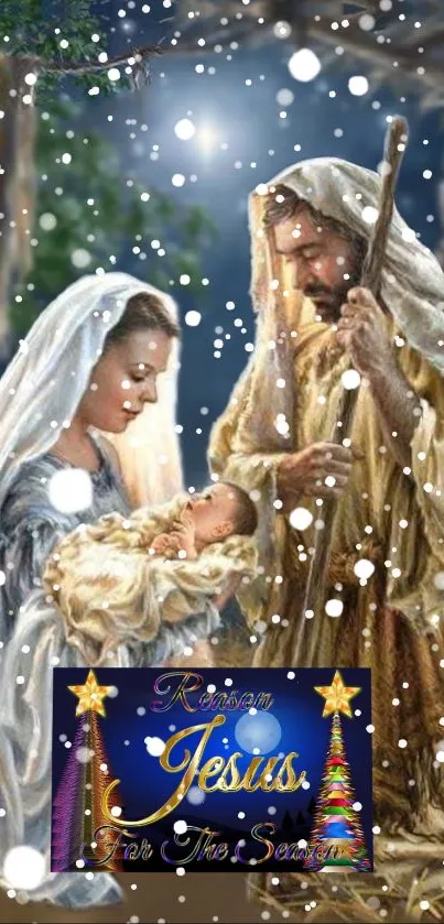 Nativity scene with Mary, Joseph, and Jesus in a snowy Christmas setting.